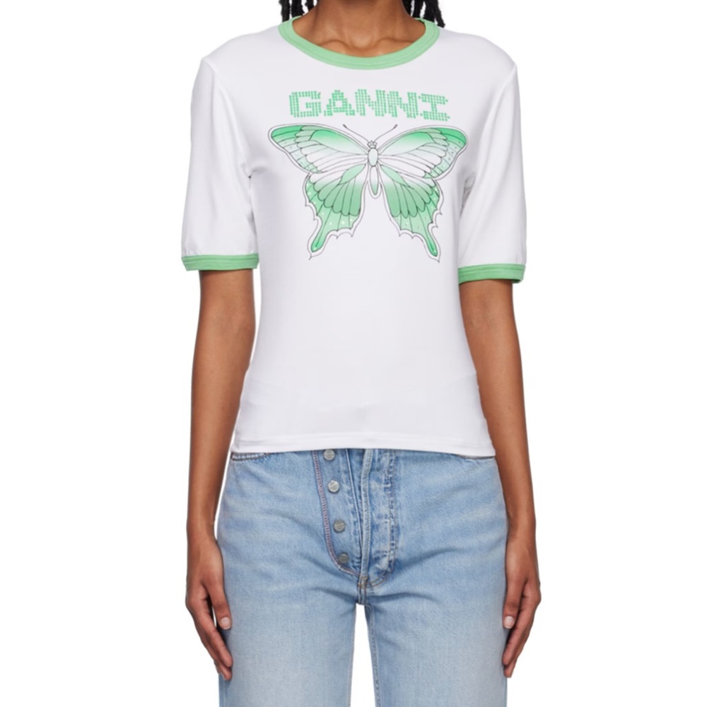 GANNI White Butterfly T Shirt XL